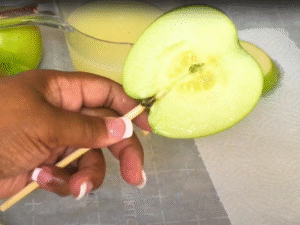 Boil water with lemon juice, baking soda, and salt. Dip each apple for 6 seconds, dry thoroughly, slice into ½‑inch rounds, and insert sticks. Chill.