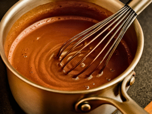 Sweeten and Thicken: Whisk in 1 tbsp sugar and the cornstarch slurry (1 tsp cornstarch dissolved in 2 tsp water). Continue whisking until the hot chocolate lightly thickens and coats the back of a spoon.