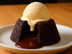 Prepare ganache by pouring hot cream over chocolate chips. Cut a small well in the cake’s center, fill with ganache, and let it flow outward. Serve warm with ice cream.